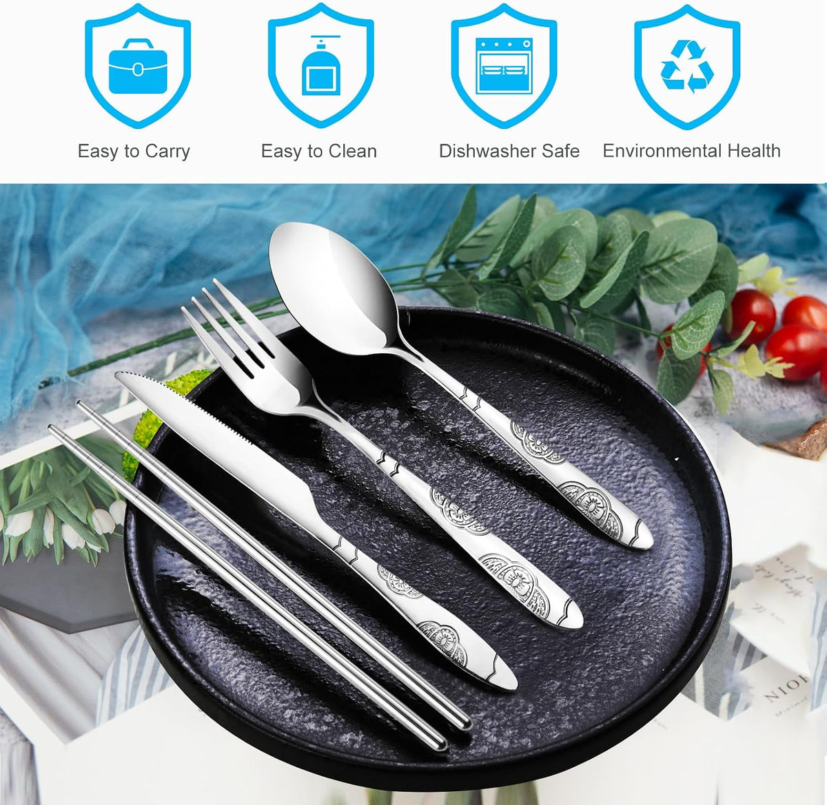 Portable Silverware Set with Case, Travel Camping Utensils Set, Premium Stainless Steel Travel Cutlery Set