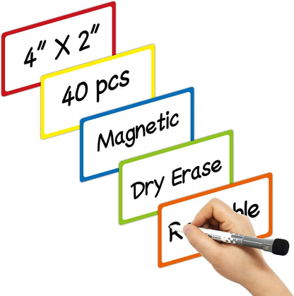 Dry Erase Magnetic Labels 4x2 Inch White, Reusable Magnetic Dry Erase Labels for Classroom Office Whiteboards，Pack of 40