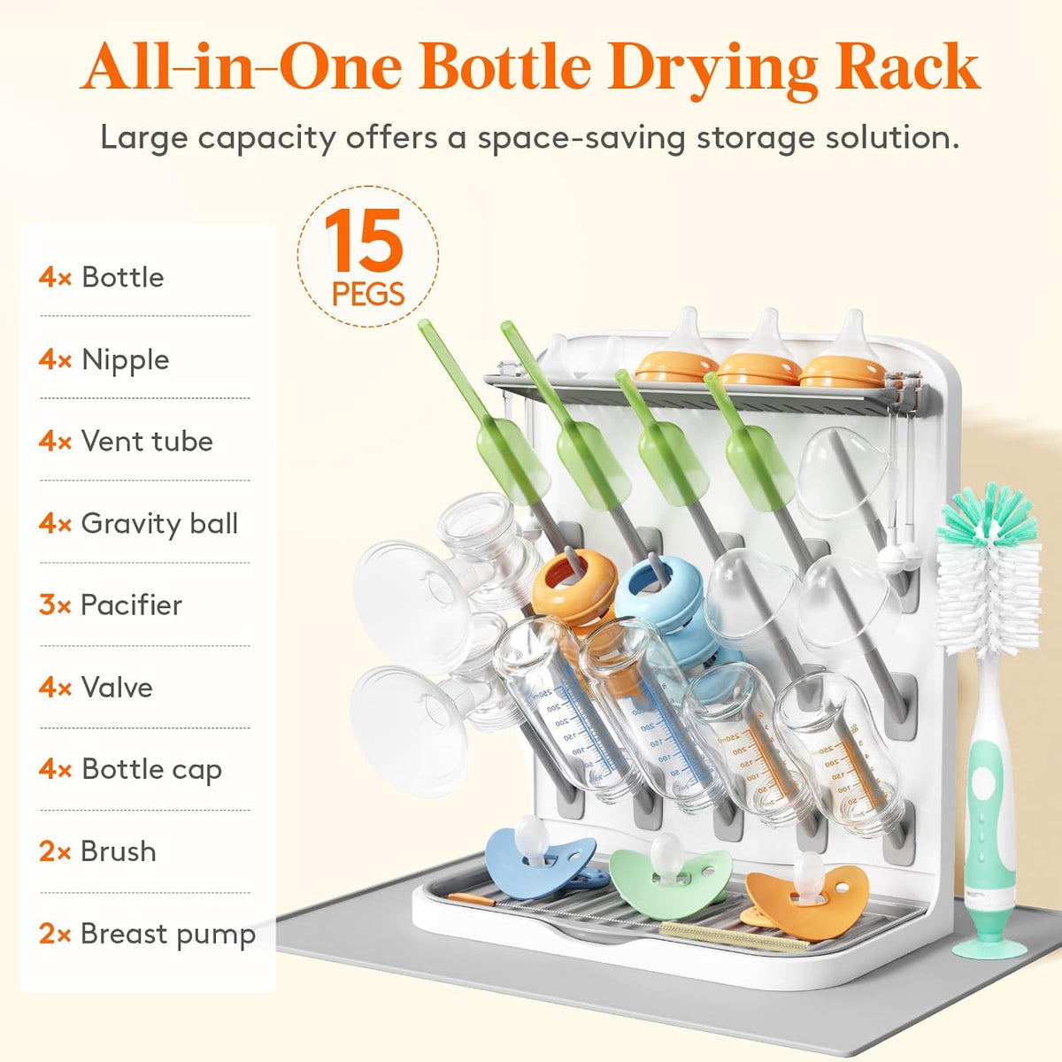 Baby Bottle Drying Rack with 10 Hooks, Newborn Essentials Must Haves, Bottle Storage Organizer for Countertop, Cabinet, Rack Dryer Holder for Pacifiers, Pump Parts, Baby Stuff