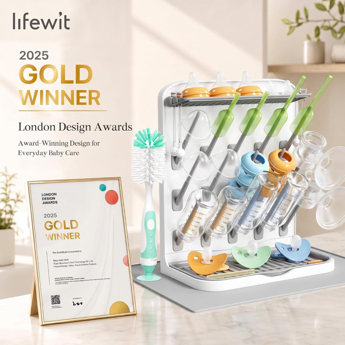 Baby Bottle Drying Rack with 10 Hooks, Newborn Essentials Must Haves, Bottle Storage Organizer for Countertop, Cabinet, Rack Dryer Holder for Pacifiers, Pump Parts, Baby Stuff