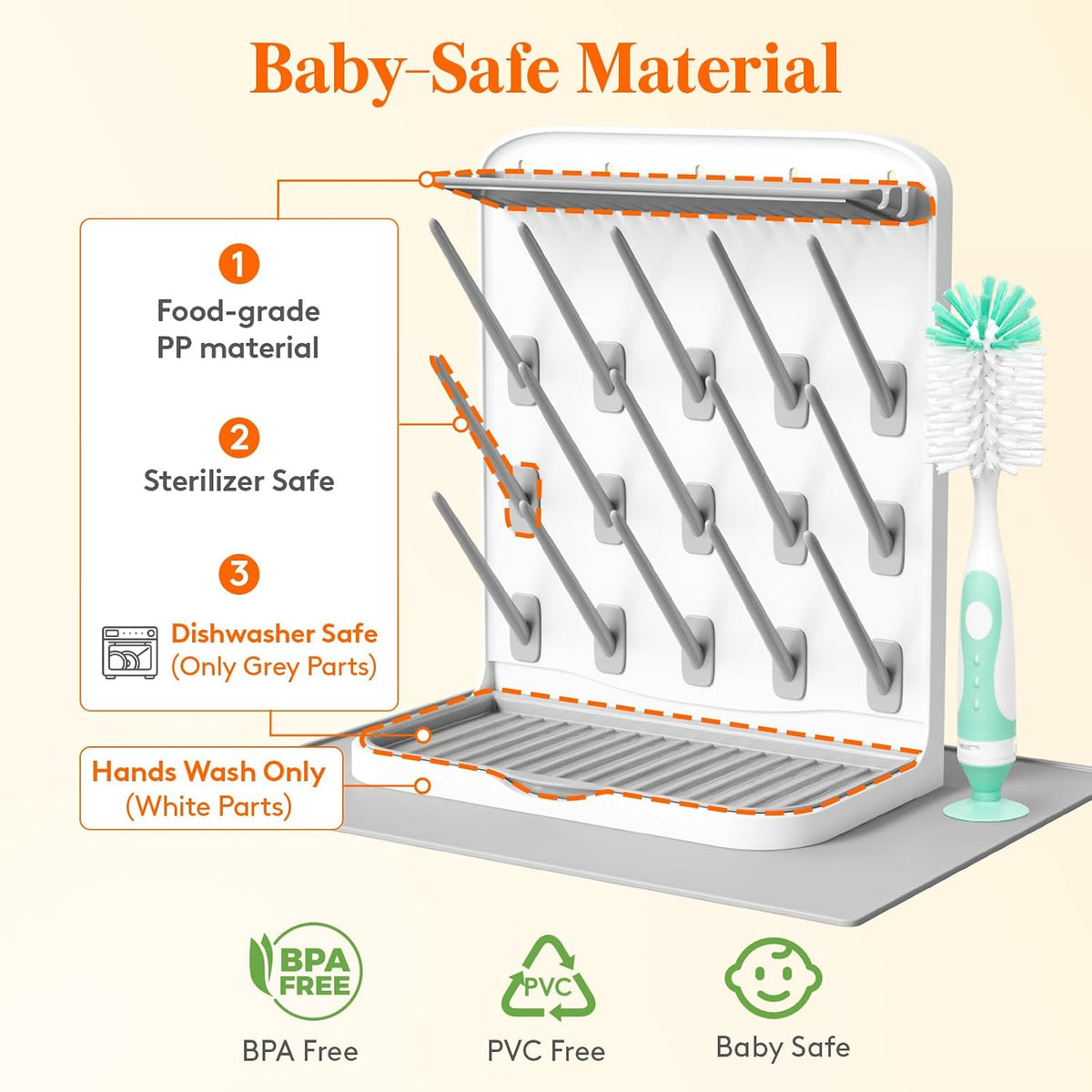 Baby Bottle Drying Rack with 10 Hooks, Newborn Essentials Must Haves, Bottle Storage Organizer for Countertop, Cabinet, Rack Dryer Holder for Pacifiers, Pump Parts, Baby Stuff