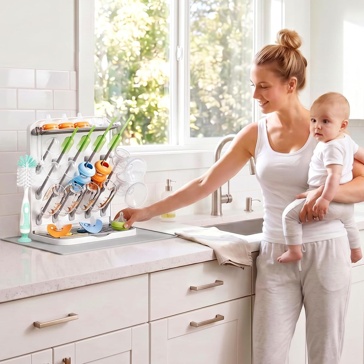 Baby Bottle Drying Rack with 10 Hooks, Newborn Essentials Must Haves, Bottle Storage Organizer for Countertop, Cabinet, Rack Dryer Holder for Pacifiers, Pump Parts, Baby Stuff