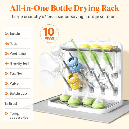 Baby Bottle Drying Rack with 10 Hooks, Newborn Essentials Must Haves, Bottle Storage Organizer for Countertop, Cabinet, Rack Dryer Holder for Pacifiers, Pump Parts, Baby Stuff