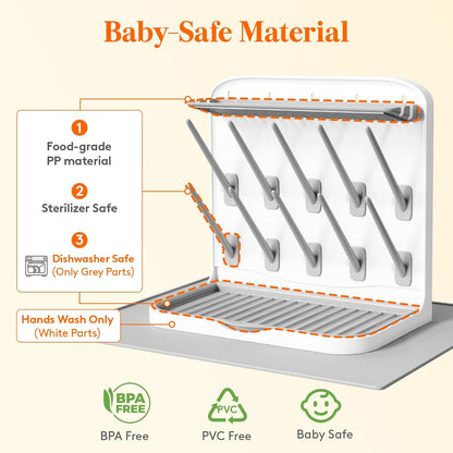 Baby Bottle Drying Rack with 10 Hooks, Newborn Essentials Must Haves, Bottle Storage Organizer for Countertop, Cabinet, Rack Dryer Holder for Pacifiers, Pump Parts, Baby Stuff