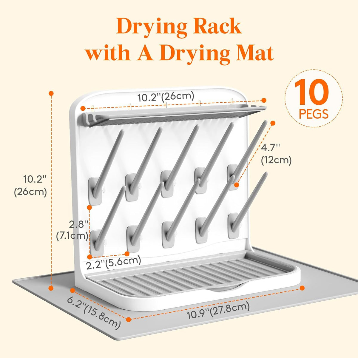 Baby Bottle Drying Rack with 10 Hooks, Newborn Essentials Must Haves, Bottle Storage Organizer for Countertop, Cabinet, Rack Dryer Holder for Pacifiers, Pump Parts, Baby Stuff