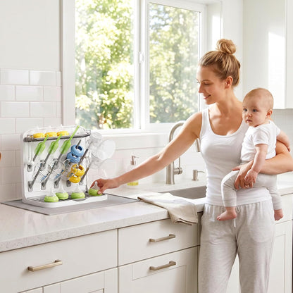 Baby Bottle Drying Rack with 10 Hooks, Newborn Essentials Must Haves, Bottle Storage Organizer for Countertop, Cabinet, Rack Dryer Holder for Pacifiers, Pump Parts, Baby Stuff