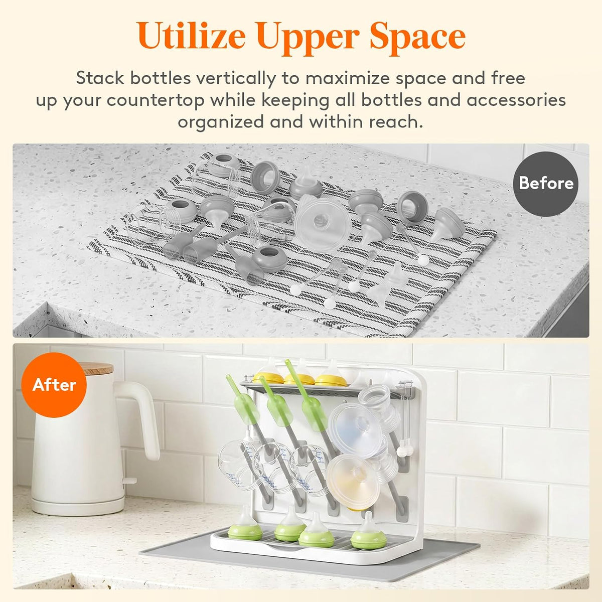 Baby Bottle Drying Rack with 10 Hooks, Newborn Essentials Must Haves, Bottle Storage Organizer for Countertop, Cabinet, Rack Dryer Holder for Pacifiers, Pump Parts, Baby Stuff