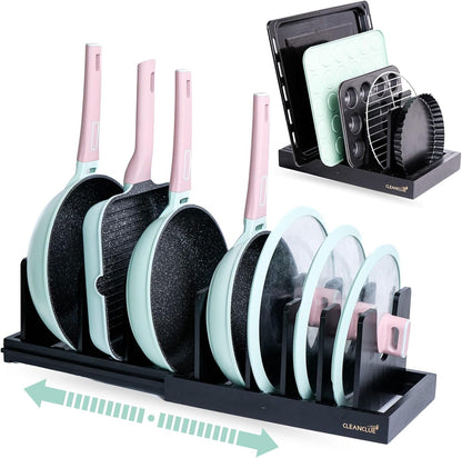 Pots and Pans Organizer under Cabinet Expandable Bamboo Pot Lid Holder Rack | Adjustable bakeware organizer, cutting board organizer, cookie sheet, baking pan, tray organizer for kitchen cabinet storage