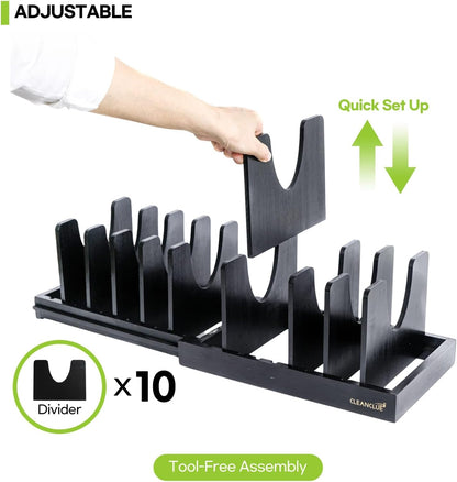 Pots and Pans Organizer under Cabinet Expandable Bamboo Pot Lid Holder Rack | Adjustable bakeware organizer, cutting board organizer, cookie sheet, baking pan, tray organizer for kitchen cabinet storage
