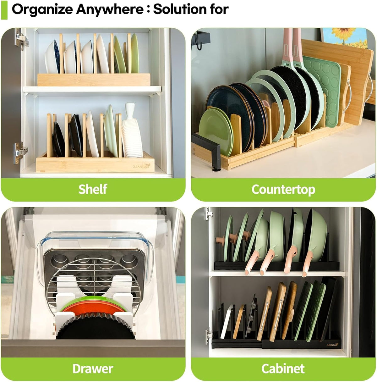 Pots and Pans Organizer under Cabinet Expandable Bamboo Pot Lid Holder Rack | Adjustable bakeware organizer, cutting board organizer, cookie sheet, baking pan, tray organizer for kitchen cabinet storage