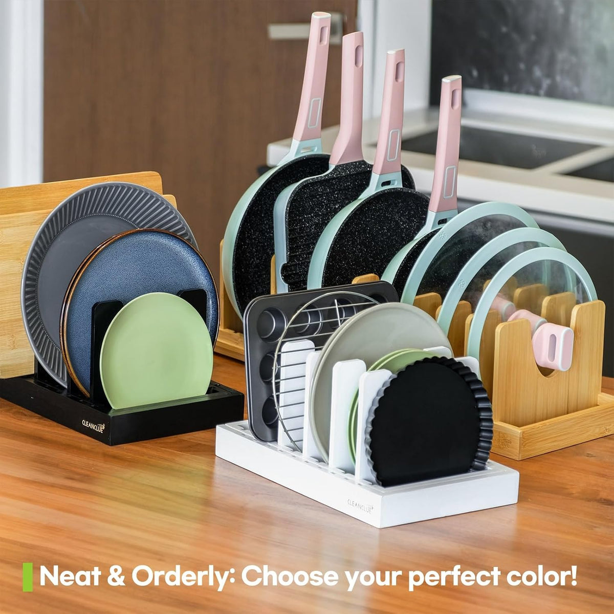 Pots and Pans Organizer under Cabinet Expandable Bamboo Pot Lid Holder Rack | Adjustable bakeware organizer, cutting board organizer, cookie sheet, baking pan, tray organizer for kitchen cabinet storage