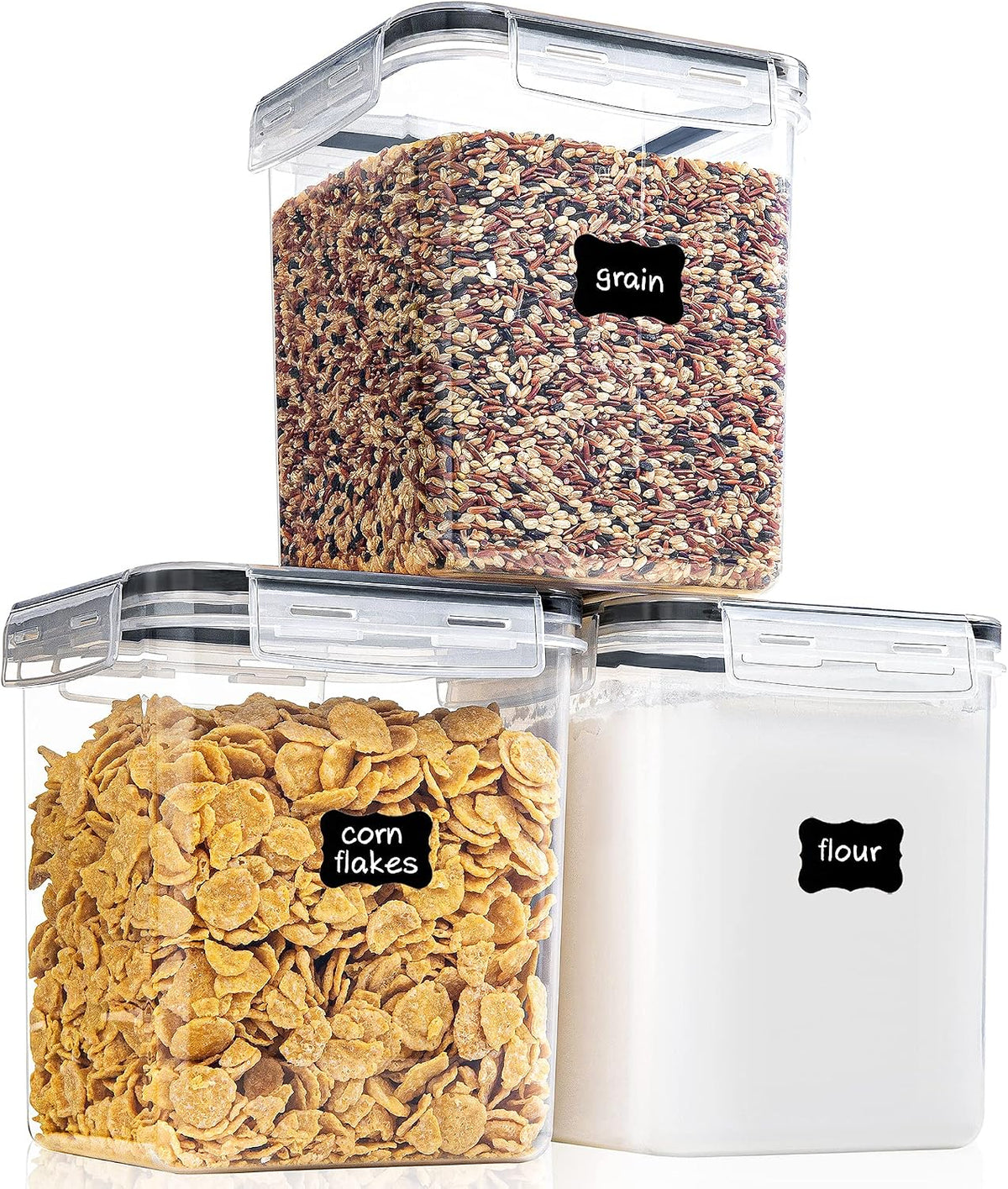 Large Food Storage Containers with Lids Airtight 5.2L /176Oz, for Flour, Sugar, Baking Supply, 3PCS BPA Free Plastic Canisters for Kitchen Pantry Organization