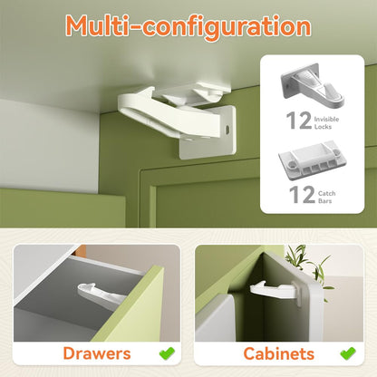 12 Pcs Baby Safety Cabinet Locks Childproof Drawer Locks with Screws, Kids Latch for Drawers and Cabinets, Works with Most Cabinets and Drawers.