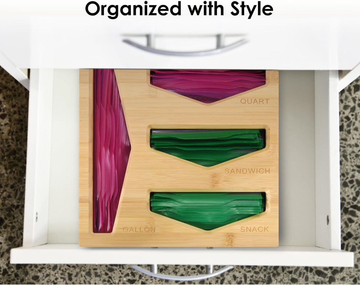 Bamboo Bag Storage Organizer for Kitchen Drawer, Baggie organizer, Compatible with Gallon, Quart, Sandwich and Snack Variety Size Bags (Black)