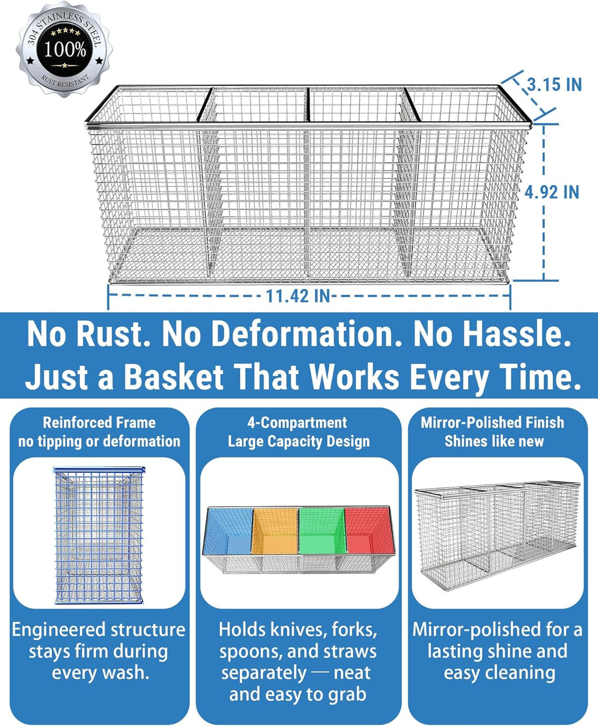 4-Compartment Dishwasher Silverware Basket, 304 Stainless Steel
