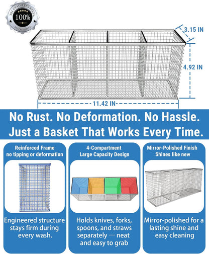 4-Compartment Dishwasher Silverware Basket, 304 Stainless Steel