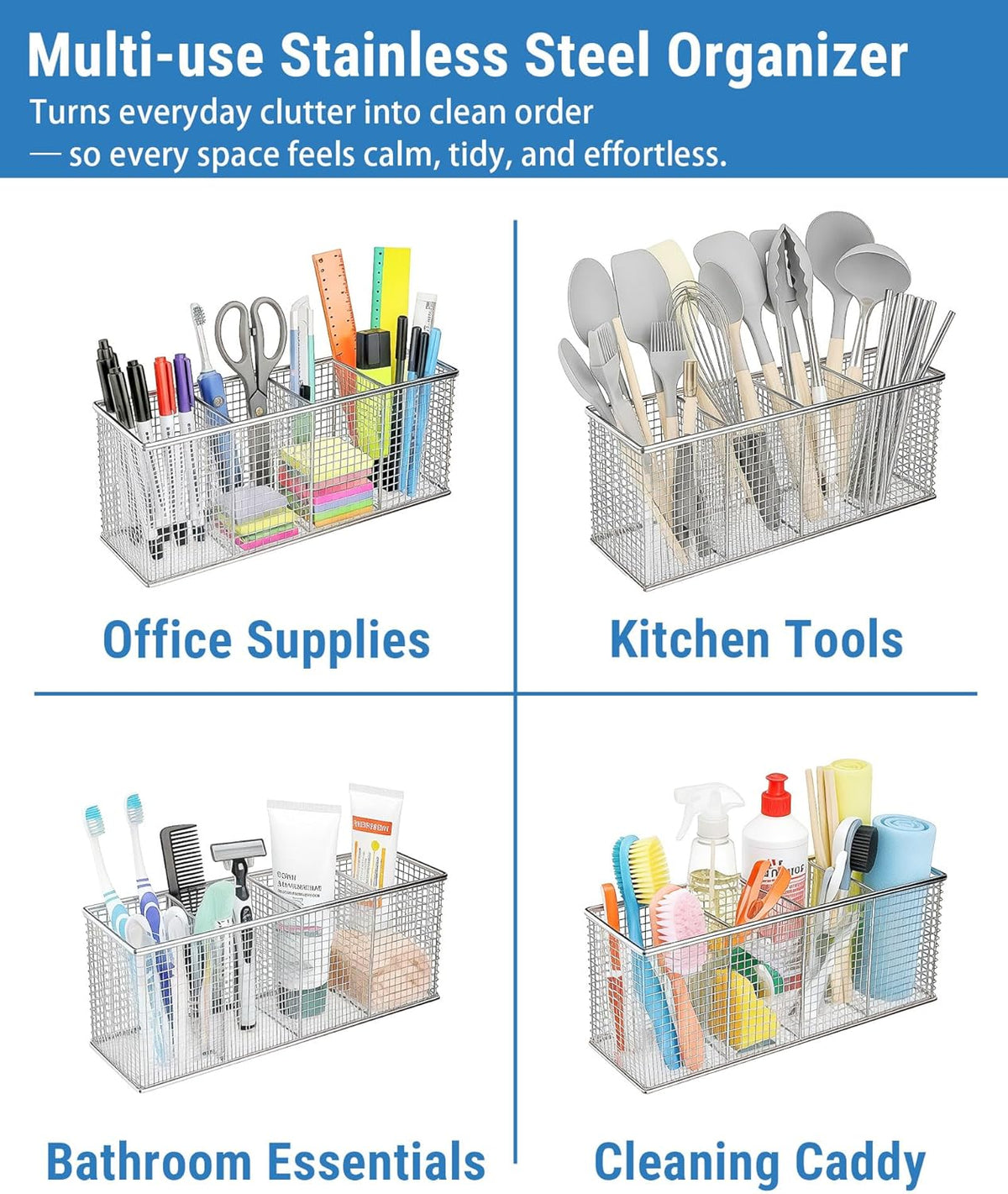 4-Compartment Dishwasher Silverware Basket, 304 Stainless Steel