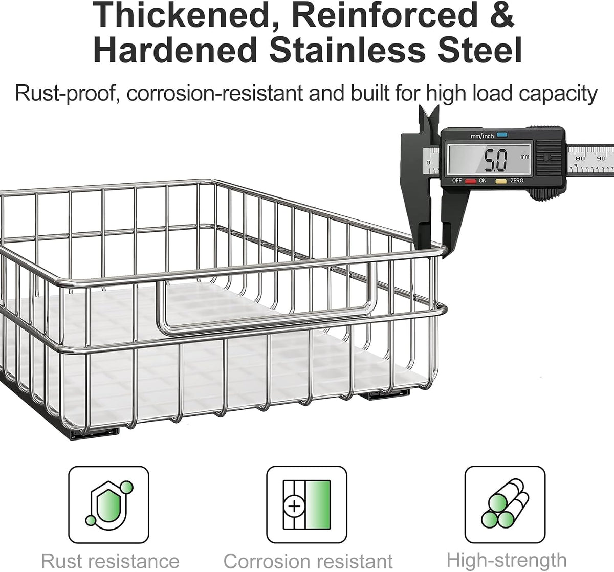 Pull out Cabinet Organizer, Stainless Steel 2-Pack Slide out Drawer with Silent Full-Extension Slides, Adhesive Roll out Can Spice Storage Basket Shelf Rack for Pantry, Kitchen, Bathroom, Home Closet