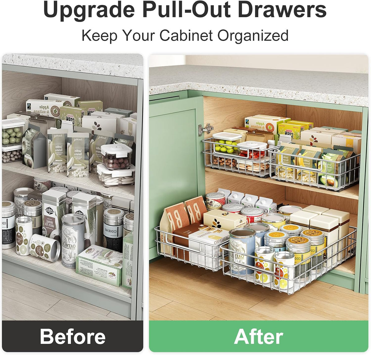 Pull out Cabinet Organizer, Stainless Steel 2-Pack Slide out Drawer with Silent Full-Extension Slides, Adhesive Roll out Can Spice Storage Basket Shelf Rack for Pantry, Kitchen, Bathroom, Home Closet
