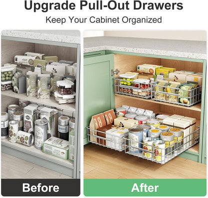 Pull out Cabinet Organizer, Stainless Steel 2-Pack Slide out Drawer with Silent Full-Extension Slides, Adhesive Roll out Can Spice Storage Basket Shelf Rack for Pantry, Kitchen, Bathroom, Home Closet