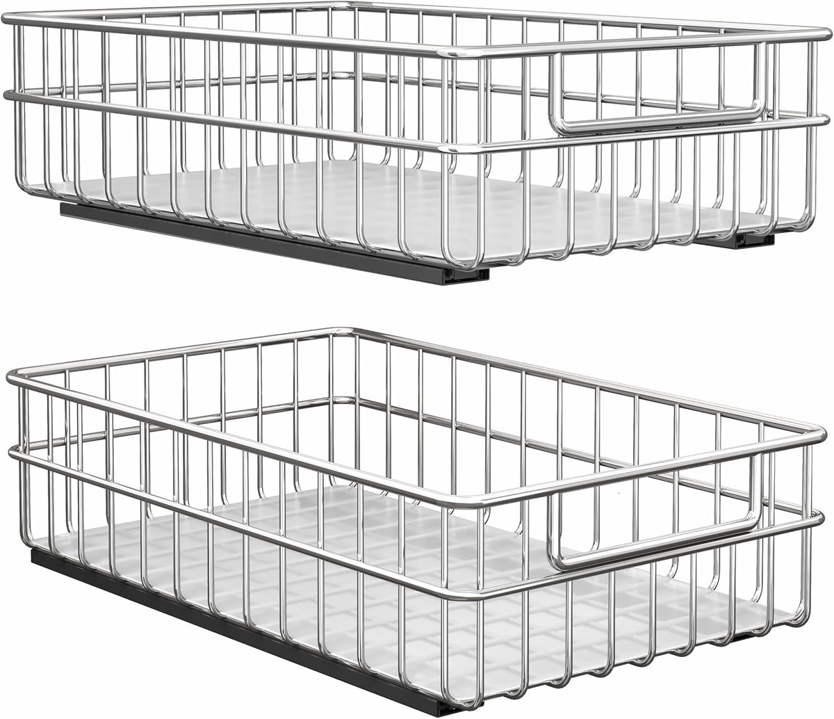 Pull out Cabinet Organizer, Stainless Steel 2-Pack Slide out Drawer with Silent Full-Extension Slides, Adhesive Roll out Can Spice Storage Basket Shelf Rack for Pantry, Kitchen, Bathroom, Home Closet