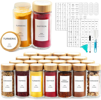 Glass Spice Jars with 398 Labels-4oz 24 Pcs,Round Seasoning Jars with Bamboo Airtight Lids,Spice Container Set -Shaker Lids, Funnel,Brush and Marker Included