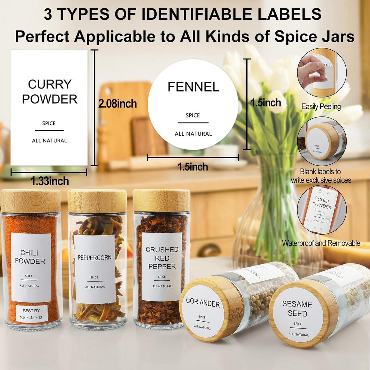 Glass Spice Jars with 398 Labels-4oz 24 Pcs,Round Seasoning Jars with Bamboo Airtight Lids,Spice Container Set -Shaker Lids, Funnel,Brush and Marker Included
