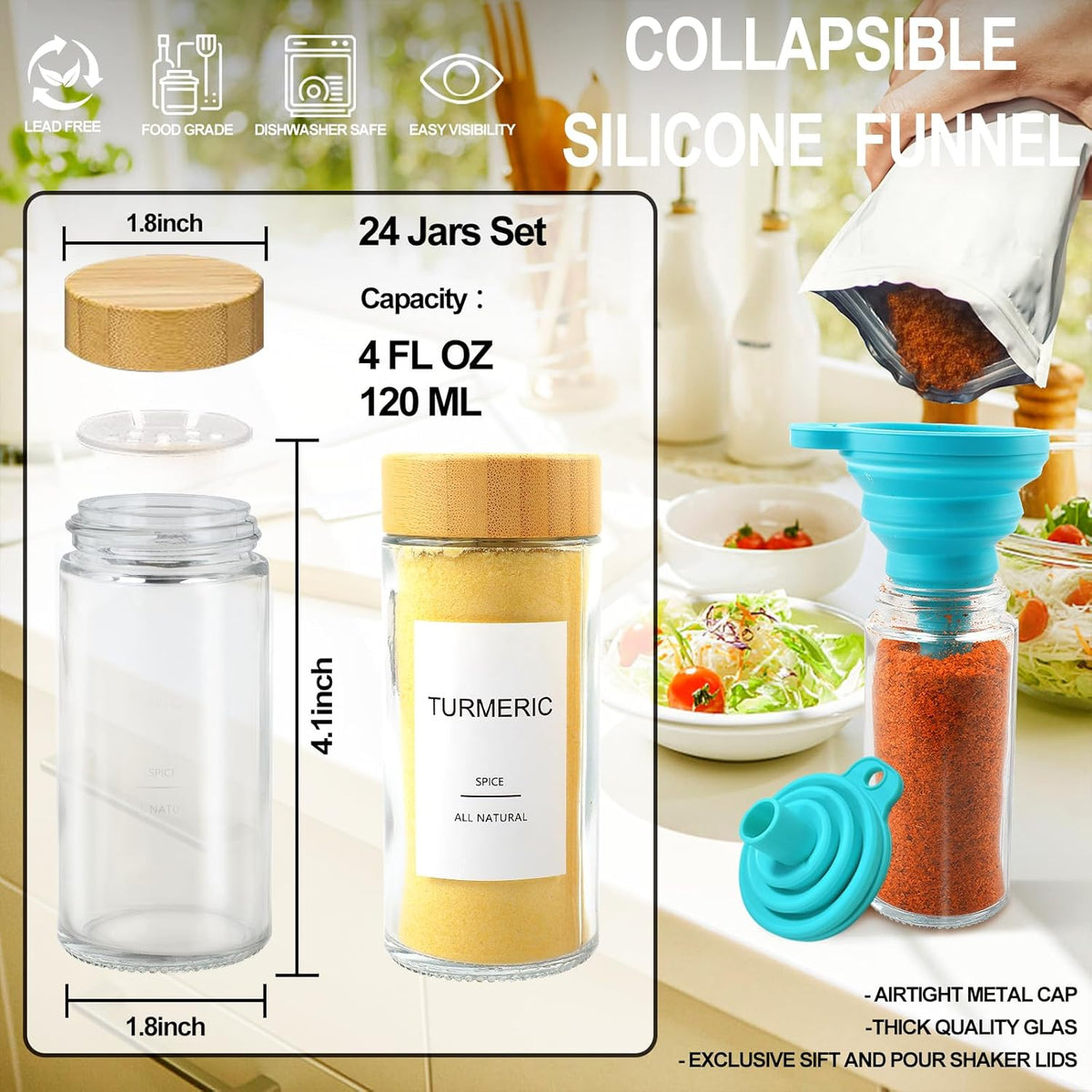 Glass Spice Jars with 398 Labels-4oz 24 Pcs,Round Seasoning Jars with Bamboo Airtight Lids,Spice Container Set -Shaker Lids, Funnel,Brush and Marker Included
