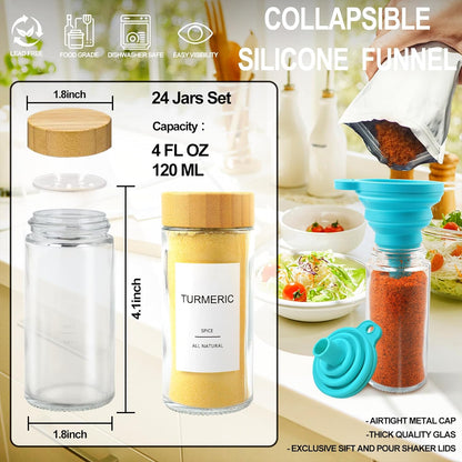 Glass Spice Jars with 398 Labels-4oz 24 Pcs,Round Seasoning Jars with Bamboo Airtight Lids,Spice Container Set -Shaker Lids, Funnel,Brush and Marker Included