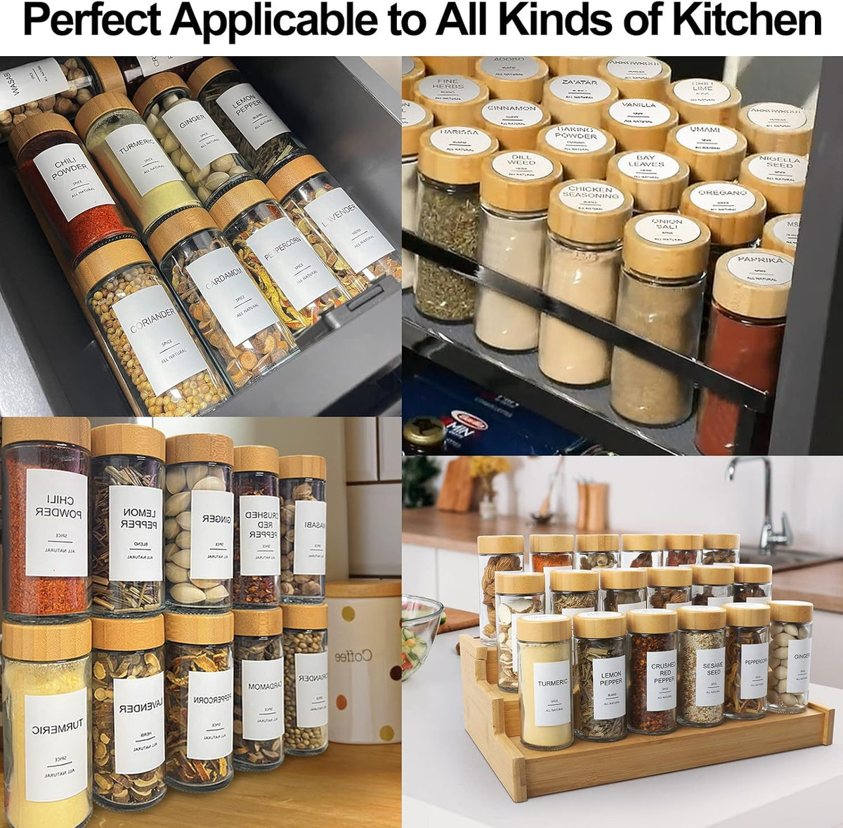 Glass Spice Jars with 398 Labels-4oz 24 Pcs,Round Seasoning Jars with Bamboo Airtight Lids,Spice Container Set -Shaker Lids, Funnel,Brush and Marker Included