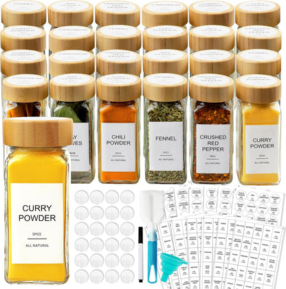 Glass Spice Jars with 398 Labels-4oz 24 Pcs,Round Seasoning Jars with Bamboo Airtight Lids,Spice Container Set -Shaker Lids, Funnel,Brush and Marker Included