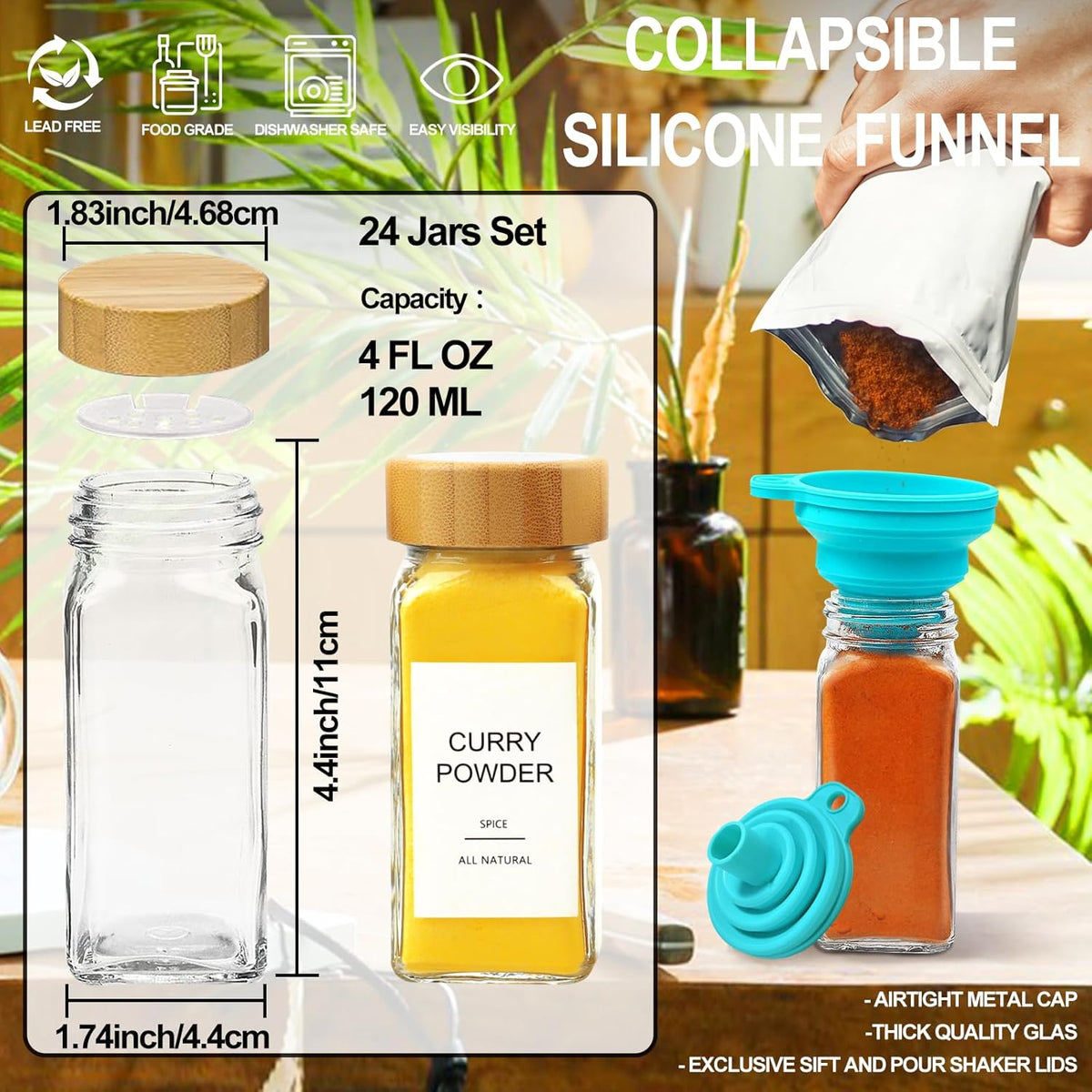 Glass Spice Jars with 398 Labels-4oz 24 Pcs,Round Seasoning Jars with Bamboo Airtight Lids,Spice Container Set -Shaker Lids, Funnel,Brush and Marker Included