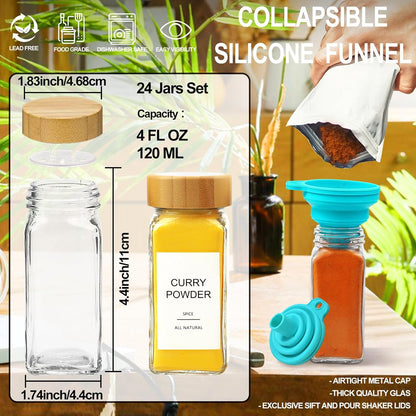 Glass Spice Jars with 398 Labels-4oz 24 Pcs,Round Seasoning Jars with Bamboo Airtight Lids,Spice Container Set -Shaker Lids, Funnel,Brush and Marker Included