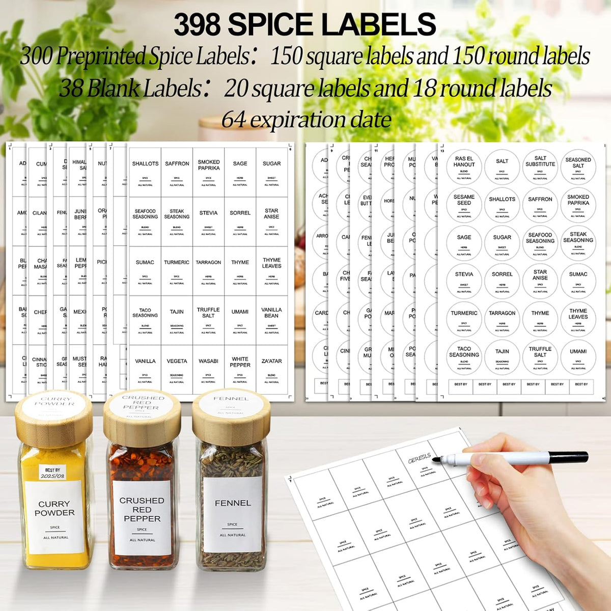 Glass Spice Jars with 398 Labels-4oz 24 Pcs,Round Seasoning Jars with Bamboo Airtight Lids,Spice Container Set -Shaker Lids, Funnel,Brush and Marker Included
