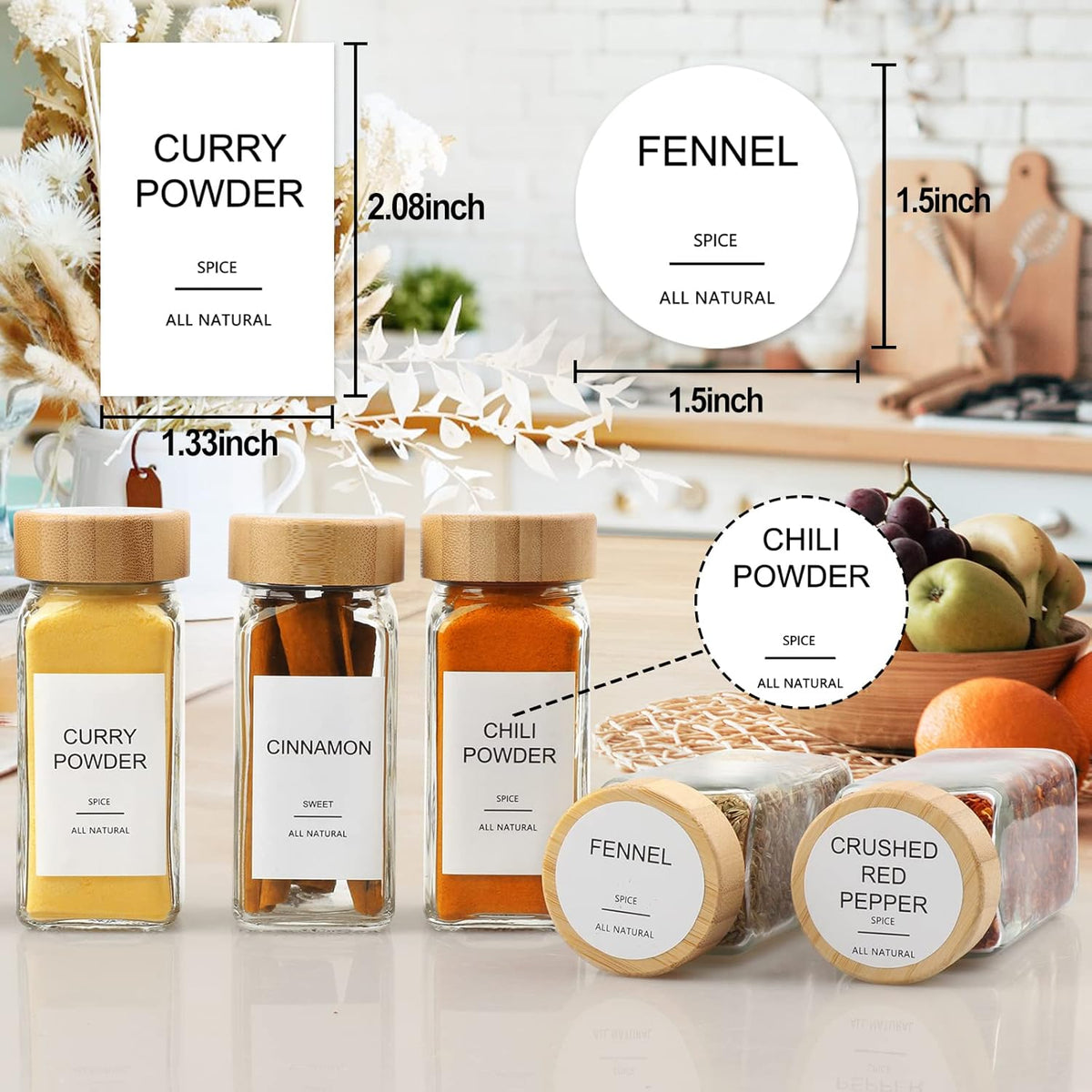 Glass Spice Jars with 398 Labels-4oz 24 Pcs,Round Seasoning Jars with Bamboo Airtight Lids,Spice Container Set -Shaker Lids, Funnel,Brush and Marker Included