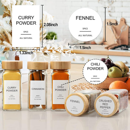 Glass Spice Jars with 398 Labels-4oz 24 Pcs,Round Seasoning Jars with Bamboo Airtight Lids,Spice Container Set -Shaker Lids, Funnel,Brush and Marker Included