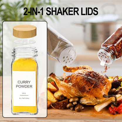Glass Spice Jars with 398 Labels-4oz 24 Pcs,Round Seasoning Jars with Bamboo Airtight Lids,Spice Container Set -Shaker Lids, Funnel,Brush and Marker Included