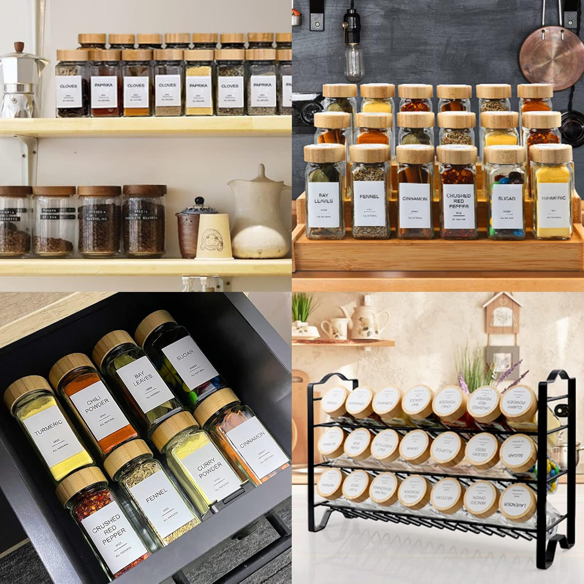 Glass Spice Jars with 398 Labels-4oz 24 Pcs,Round Seasoning Jars with Bamboo Airtight Lids,Spice Container Set -Shaker Lids, Funnel,Brush and Marker Included