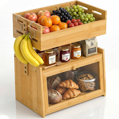 Bamboo Bread Box with Fruit Basket, 2-in-1 Kitchen Countertop Organizer