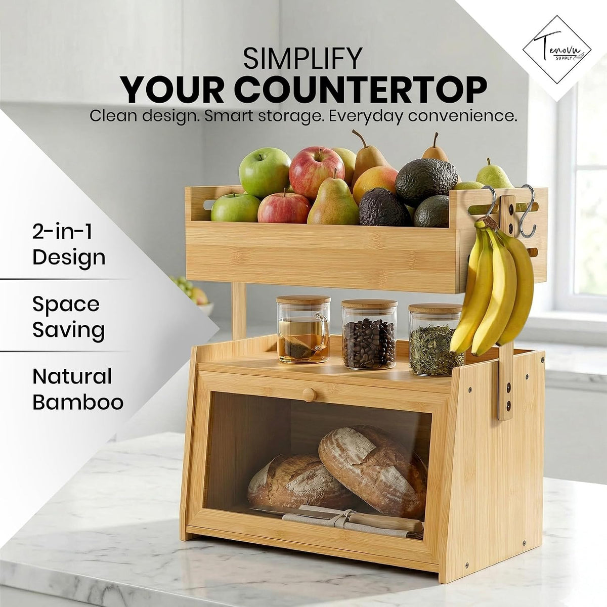 Bamboo Bread Box with Fruit Basket, 2-in-1 Kitchen Countertop Organizer