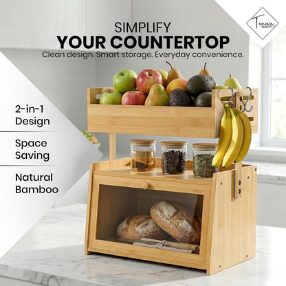 Bamboo Bread Box with Fruit Basket, 2-in-1 Kitchen Countertop Organizer