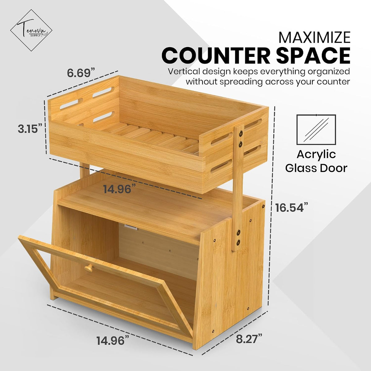 Bamboo Bread Box with Fruit Basket, 2-in-1 Kitchen Countertop Organizer