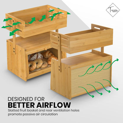Bamboo Bread Box with Fruit Basket, 2-in-1 Kitchen Countertop Organizer