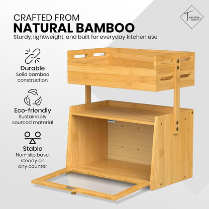 Bamboo Bread Box with Fruit Basket, 2-in-1 Kitchen Countertop Organizer