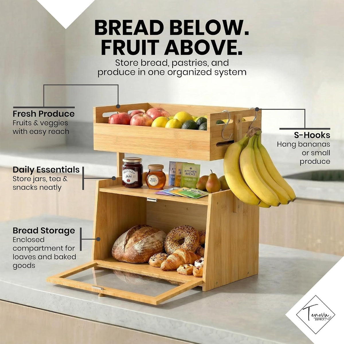 Bamboo Bread Box with Fruit Basket, 2-in-1 Kitchen Countertop Organizer