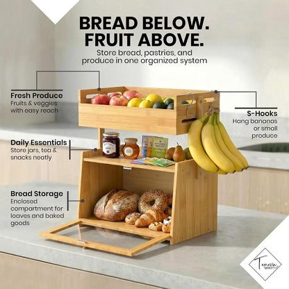Bamboo Bread Box with Fruit Basket, 2-in-1 Kitchen Countertop Organizer