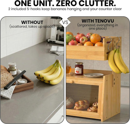 Bamboo Bread Box with Fruit Basket, 2-in-1 Kitchen Countertop Organizer