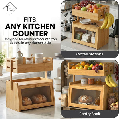 Bamboo Bread Box with Fruit Basket, 2-in-1 Kitchen Countertop Organizer