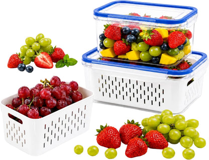 Fruit storage containers for fridge, with detachable drainer basket and airtight seal, stackable produce organizer, prolongs freshness of berries, greens, meats