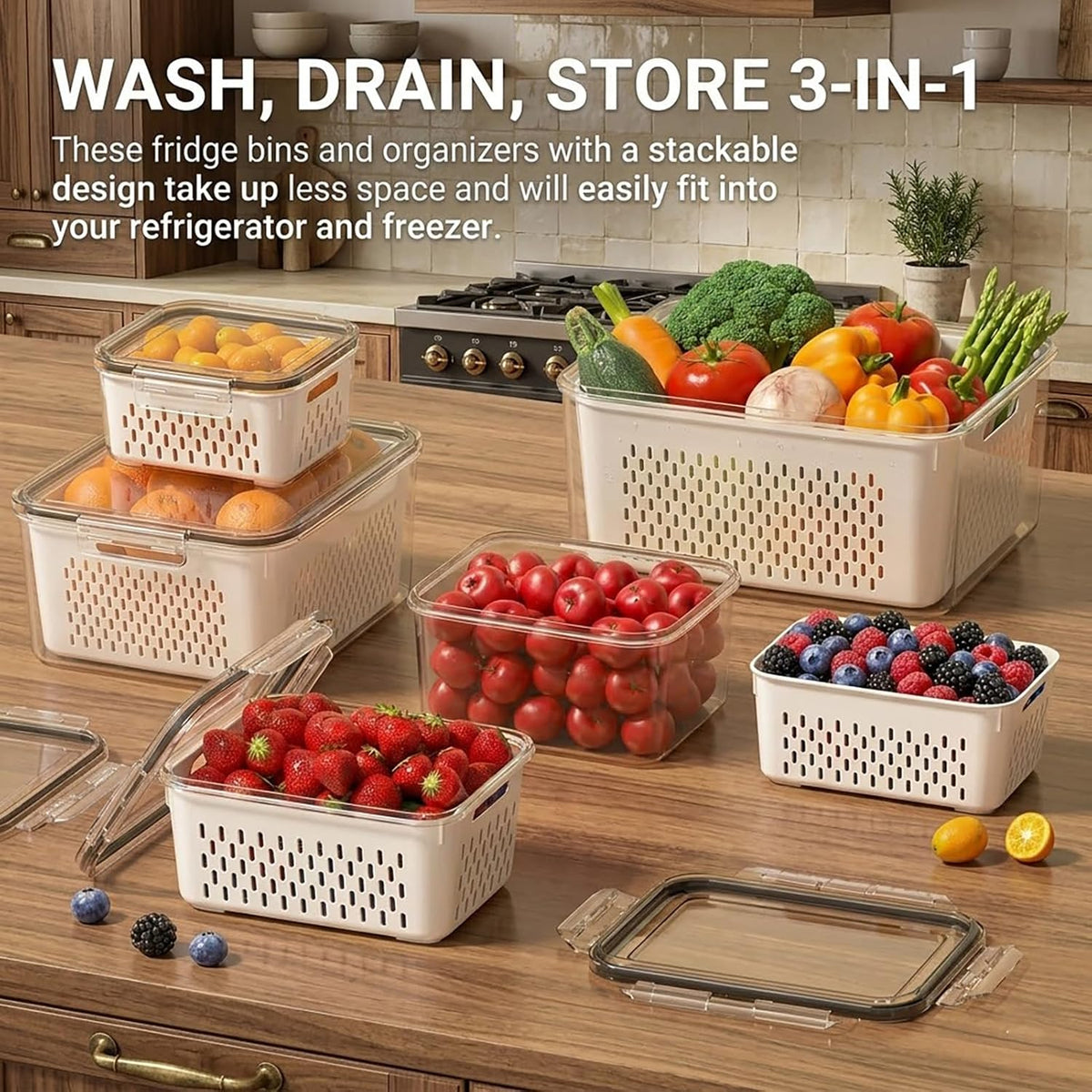 Fruit storage containers for fridge, with detachable drainer basket and airtight seal, stackable produce organizer, prolongs freshness of berries, greens, meats